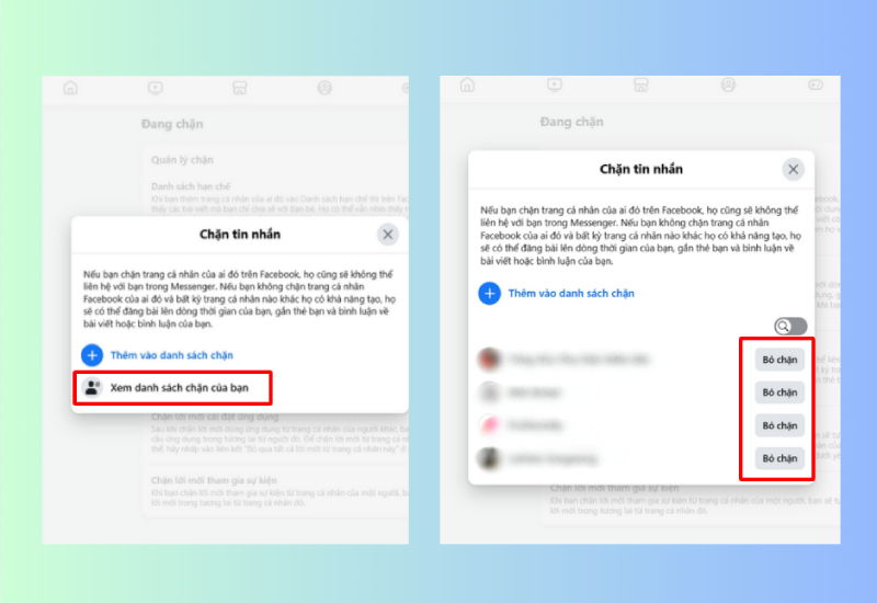 Xem danh sách chặn tin nhắn và chọn Bỏ chặn trên Facebook