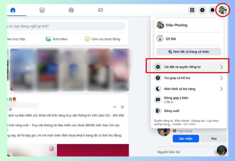 Chọn Cài đặt và quyền riêng tư trên Facebook