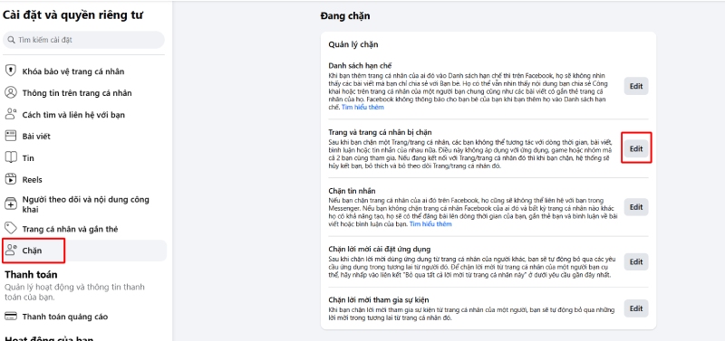 Vào mục Chặn trong Cài đặt Facebook