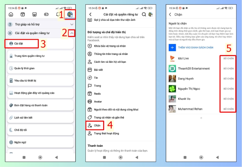 Các bước vào mục Chặn trên ứng dụng Facebook điện thoại