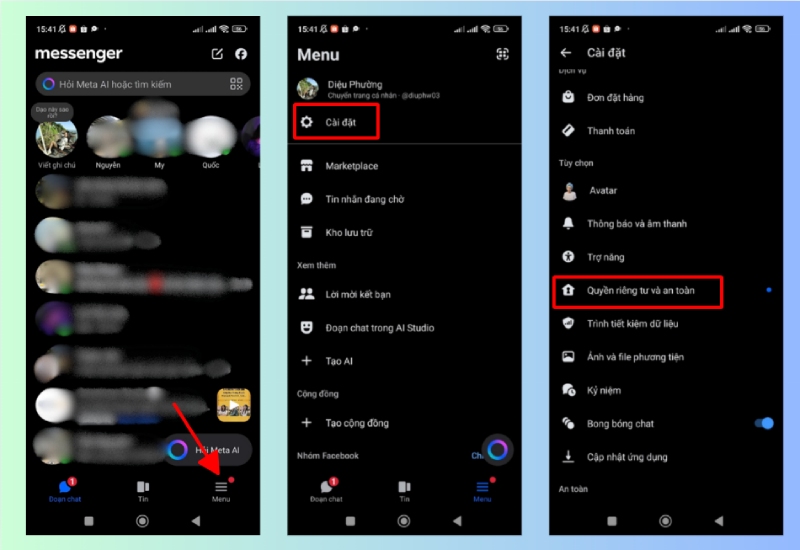 Truy cập Cài đặt Messenger, chọn Quyền riêng tư và an toàn
