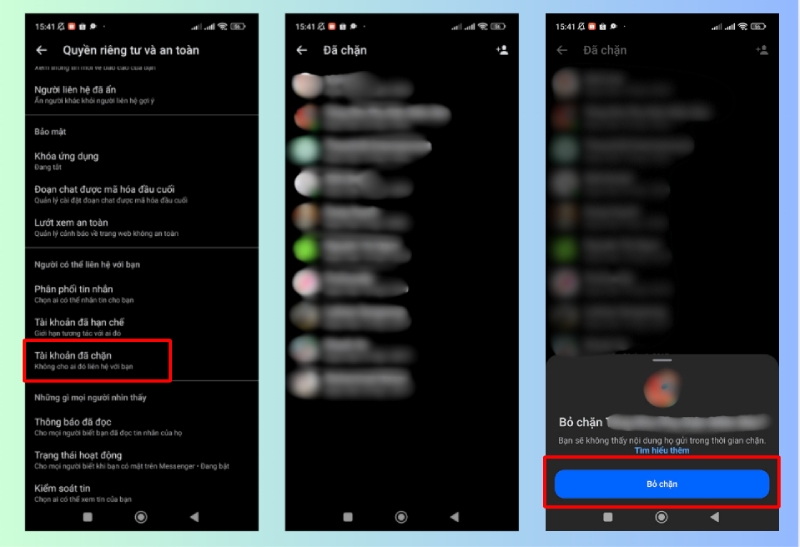 Mở Tài khoản đã chặn và chọn Bỏ chặn trên Messenger