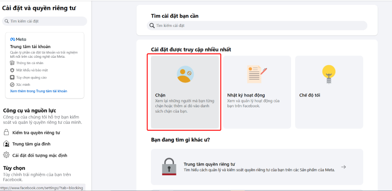 Chọn mục Chặn trong phần Cài đặt trên Facebook