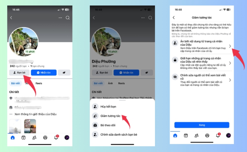 Các bước giảm tương tác trên Facebook, bao gồm ẩn bài viết và giới hạn hiển thị