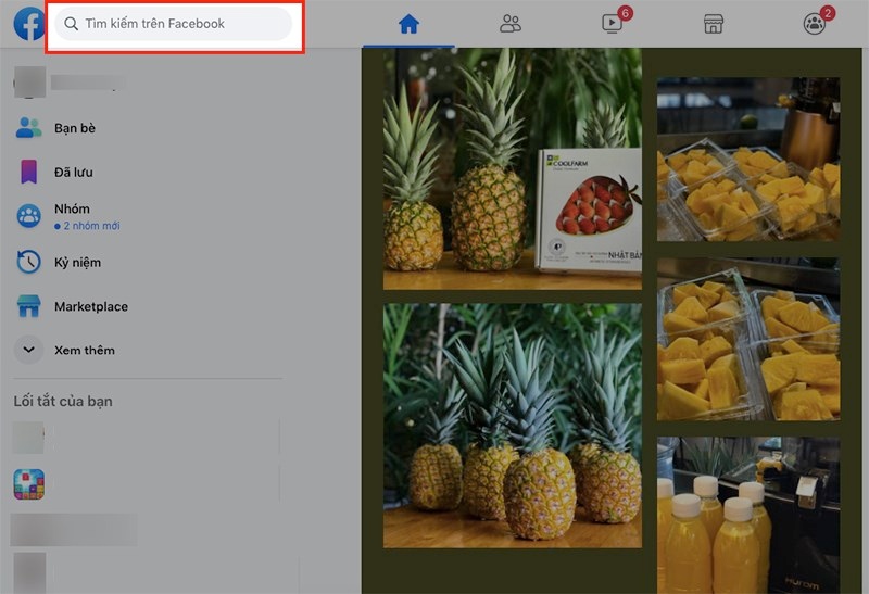 Giao diện Facebook trên máy tính với thanh tìm kiếm được tô sáng