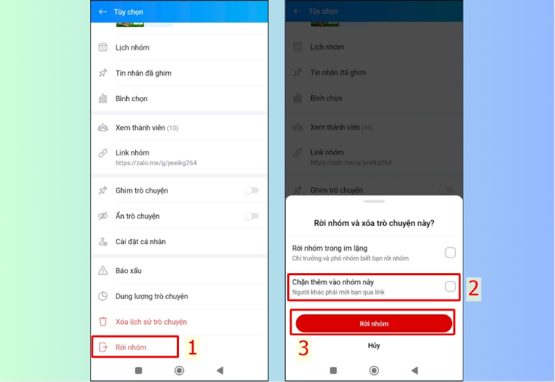 Thao tác chọn “Rời nhóm” và bật “Chặn thêm vào nhóm này” trên Zalo