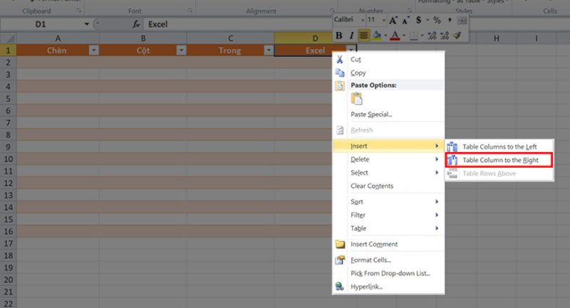 Chọn Insert và nhấn Table Column to the Right