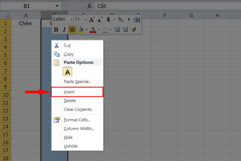 Mở menu chuột phải và chọn Insert để chèn cột