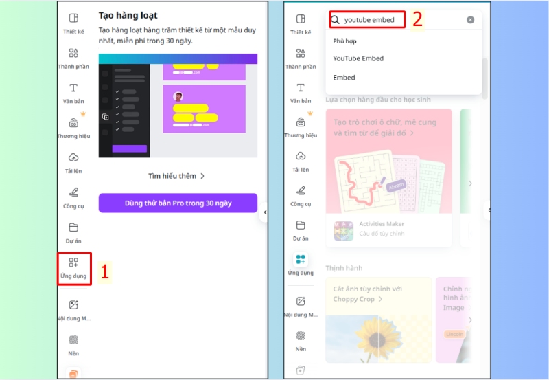 Tìm ứng dụng YouTube Embed trong Canva bằng thanh tìm kiếm