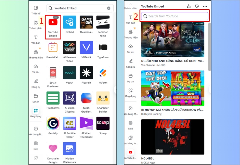 Tìm video cần chèn vào Canva từ YouTube Embed