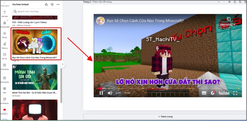 Thêm video YouTube Minecraft vào bản thiết kế trong Canva