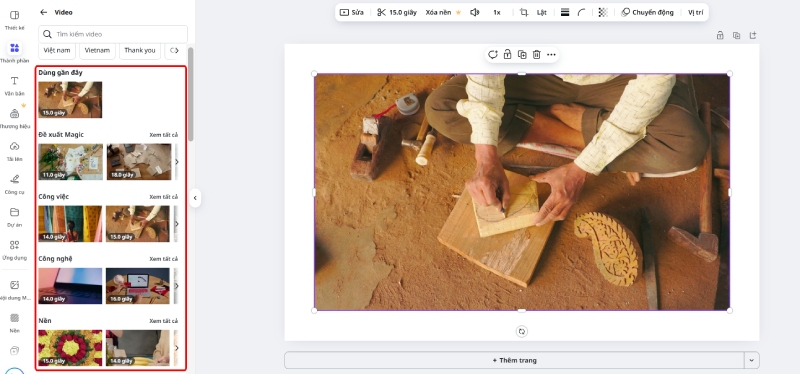 Chèn video có sẵn từ thư viện Canva vào bản thiết kế