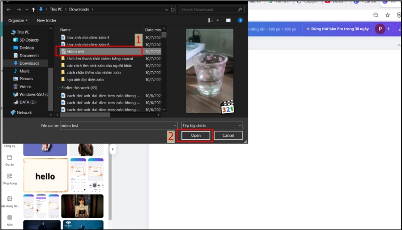 Chọn video cần tải lên Canva từ thư mục máy tính