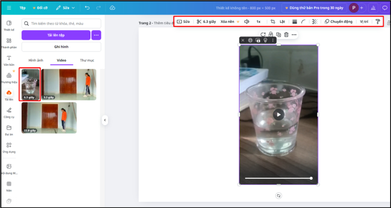 Giao diện chỉnh sửa video sau khi tải lên Canva