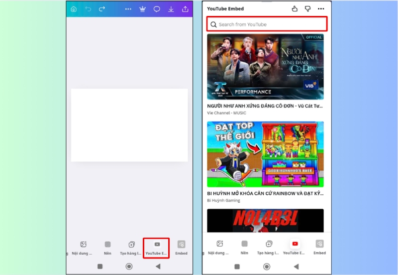 Tìm kiếm và chèn video YouTube vào Canva bằng YouTube Embed