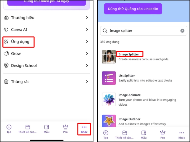 Mở phần ứng dụng trên canva và tìm kiếm image splitter