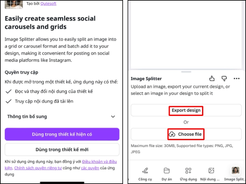 Chọn Export design hoặc Choose a file để lấy ảnh cần cắt