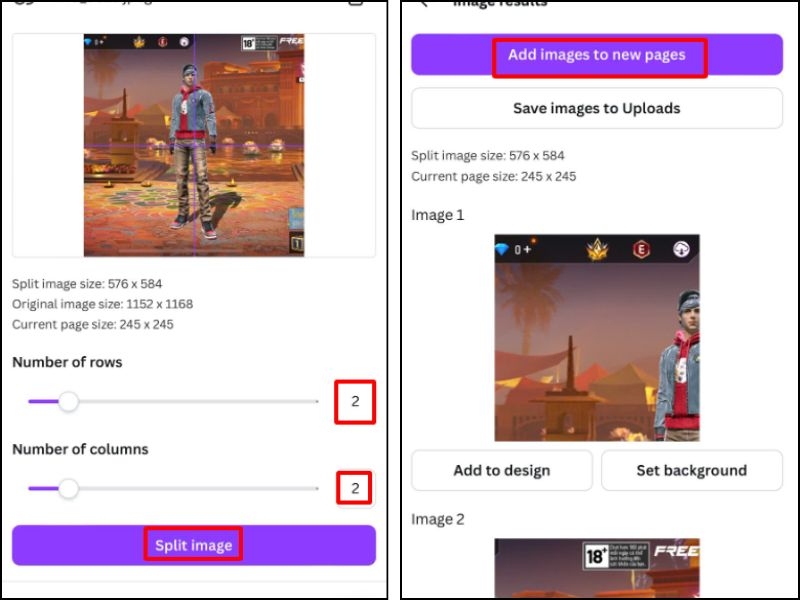 Nhập số hàng, số cột cần cắt và nhấn split image