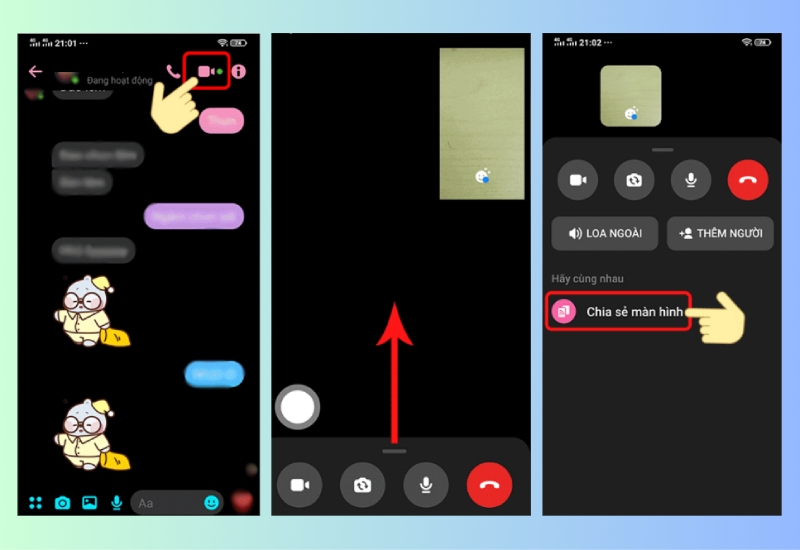 Chọn biểu tượng gọi video và bấm Chia sẻ màn hình trong Messenger