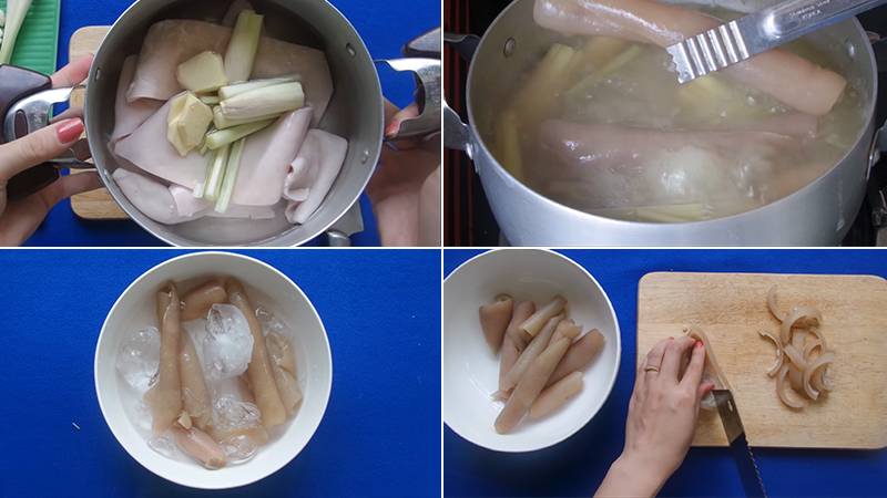 Các bước sơ chế da heo gồm luộc, ngâm đá, thái lát mỏng