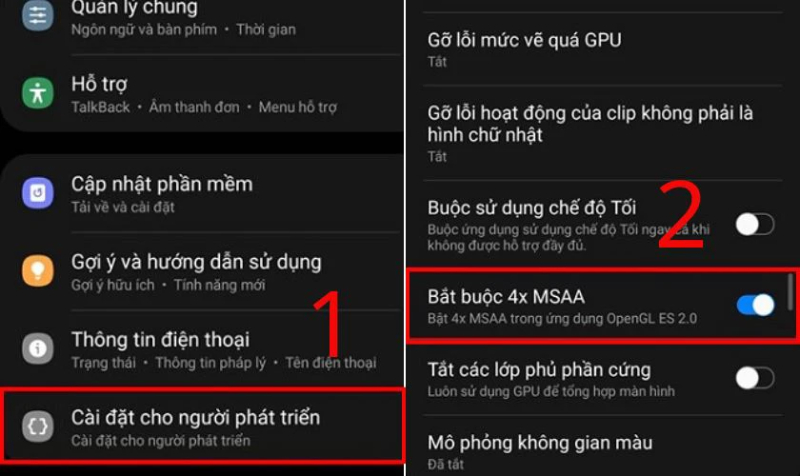 Bật 4x MSAA trong tùy chọn nhà phát triển