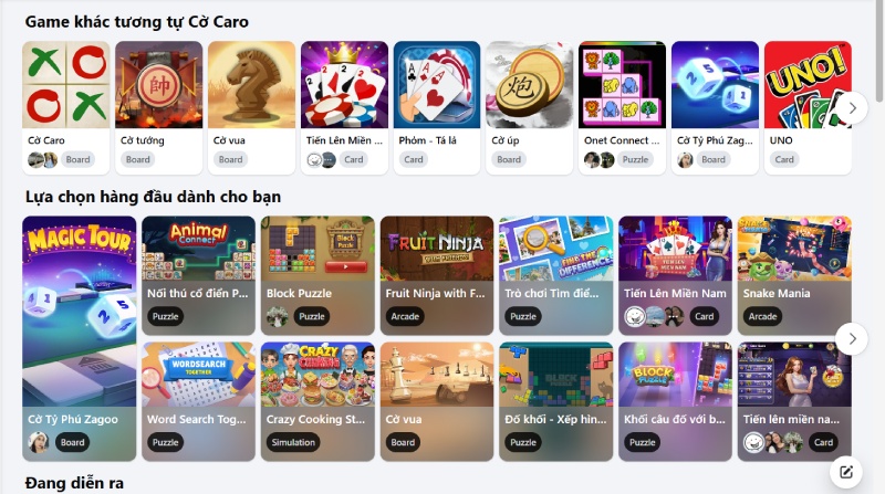 Đa dạng game trên Facebook như Cờ caro, Tiến Lên, UNO, Fruit Ninja