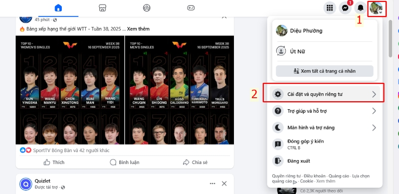 Truy cập cài đặt và quyền riêng tư từ menu tài khoản Facebook trên máy tính