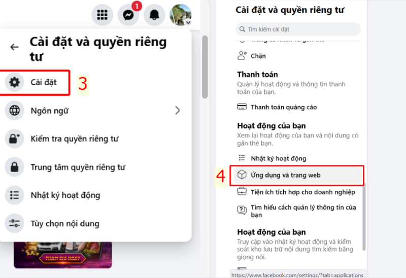 Chọn mục Cài đặt và Ứng dụng trang web trong phần quyền riêng tư Facebook.