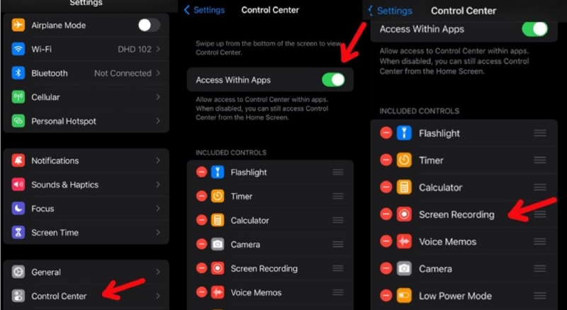 Cài đặt iPhone hiển thị bật tính năng quay màn hình trong Control Center