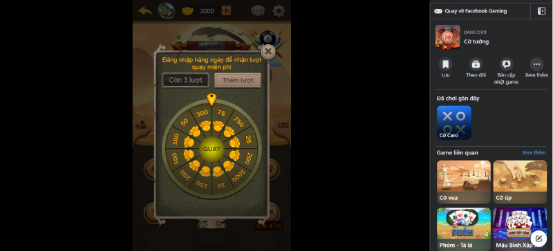 Giao diện game Facebook với vòng quay phần thưởng và mục chơi gần đây