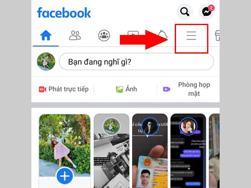 Giao diện Facebook với mũi tên chỉ biểu tượng menu ba gạch ngang