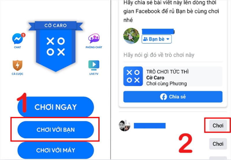 Giao diện game Cờ Caro trên Facebook với nút chọn chơi với bạn
