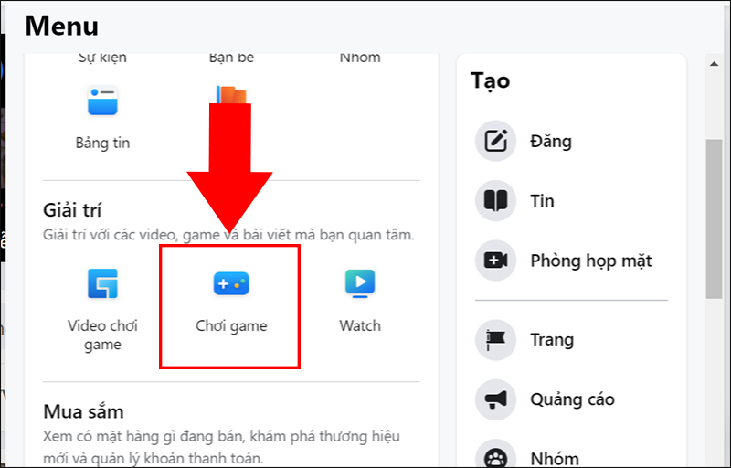 Menu Facebook hiển thị mục “Chơi game” trong phần giải trí
