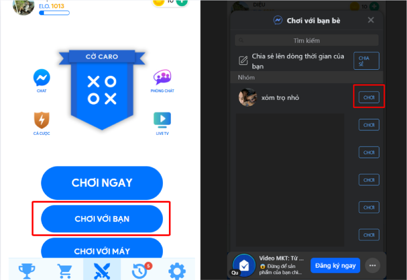 Giao diện Cờ Caro với tùy chọn chơi cùng bạn bè trên Facebook