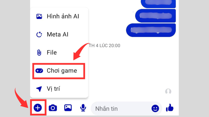 Chọn Chơi game trong menu Messenger sau khi nhấn dấu cộng