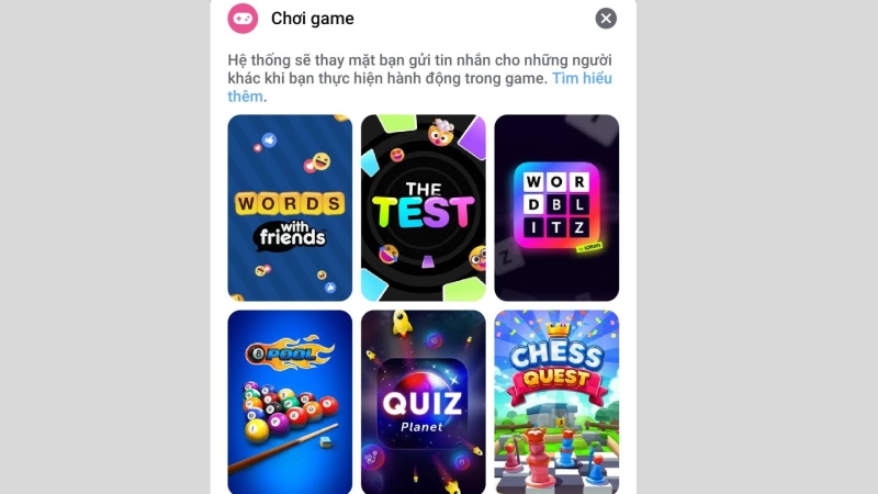 Danh sách trò chơi Messenger hiển thị để người dùng lựa chọn