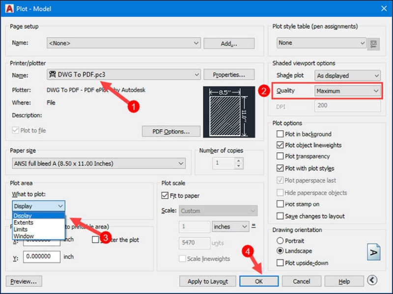 Chọn các tùy chọn in ấn để xuất bản vẽ AutoCAD dưới dạng PDF