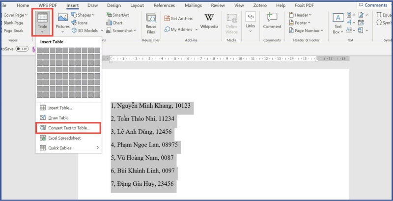 Cách chuyển đổi văn bản thành bảng bằng chức năng Convert Text to Table