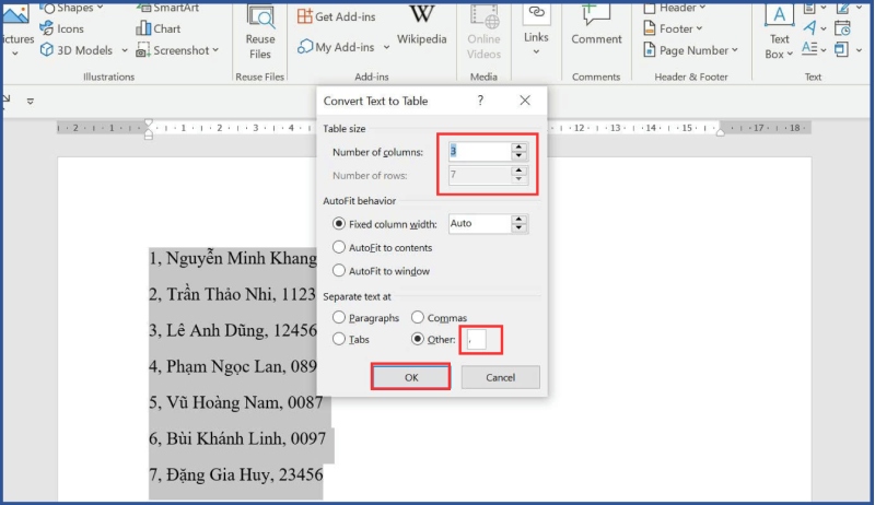 Thiết lập số cột và hàng khi chuyển văn bản thành bảng