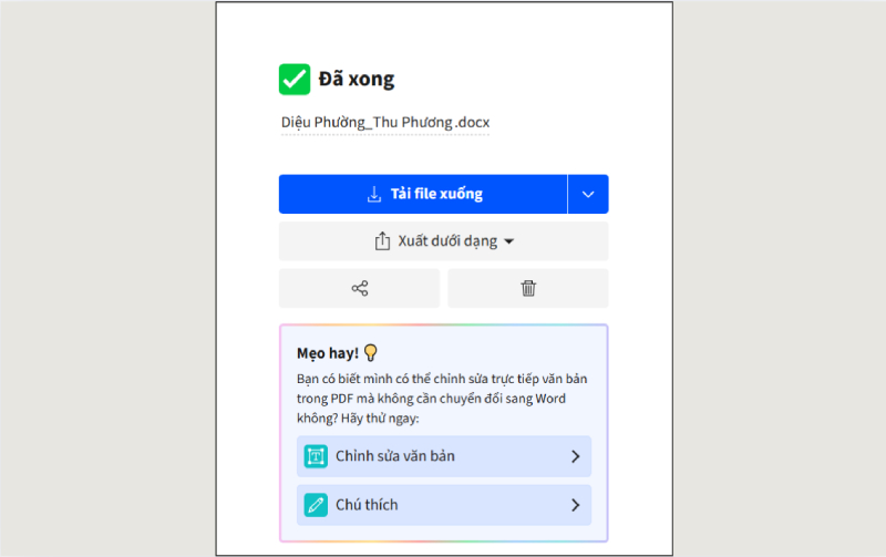 Giao diện tải file Word sau khi chuyển đổi PDF hoàn tất