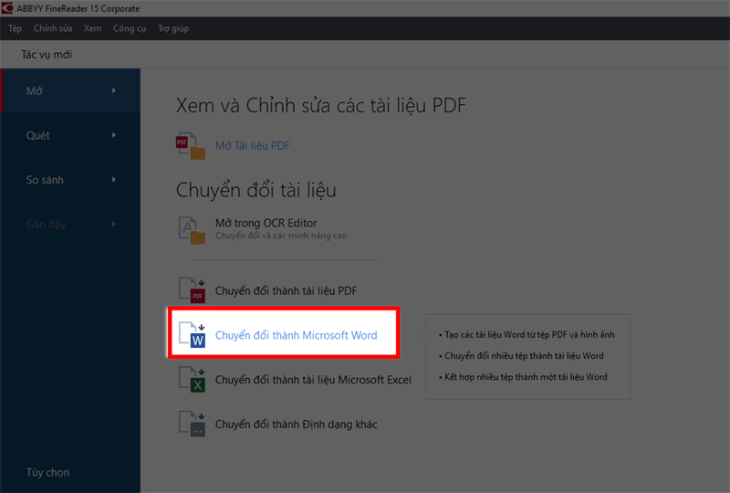 Chọn chuyển đổi sang Microsoft Word trong ABBYY FineReader
