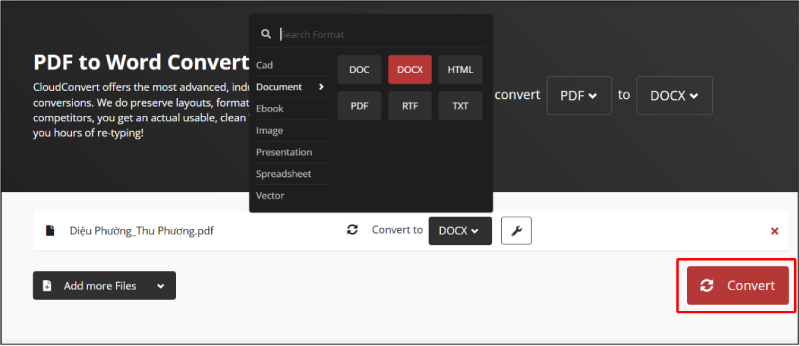 Chọn định dạng DOCX và nhấn Convert trên CloudConvert
