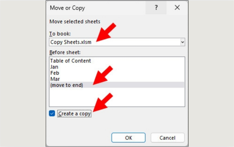 Chọn file đích và vị trí đặt sheet khi copy