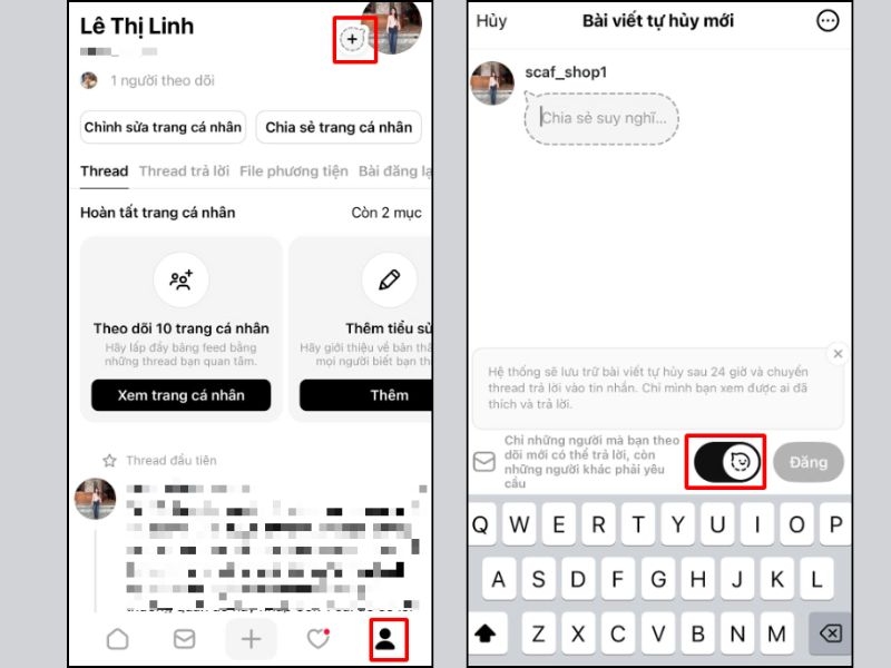 Truy cập vào trang cá nhân, chọn đăng bài và gạt công tắc bài viết tự hủy