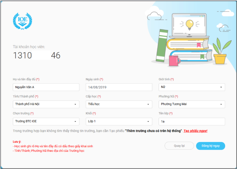 Nhập thông tin học sinh khi đăng ký IOE