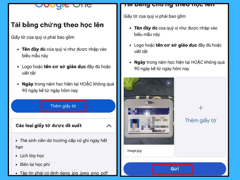 Sinh viên thực hiện thêm giấy tờ và gửi giấy tờ xác minh