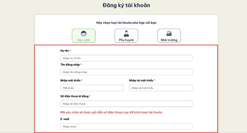 Trang đăng ký tài khoản VioEdu cho học sinh nhập thông tin