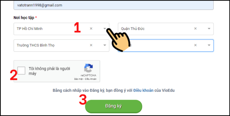 Chọn tỉnh, quận và trường trong bước đăng ký VioEdu