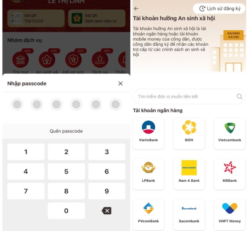 Nhập passcode và chọn tài khoản ngân hàng