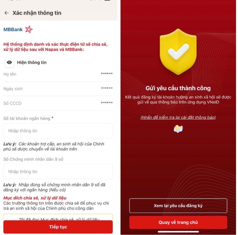 Nơi điền thông tin cá nhân và gửi yêu cầu thành công